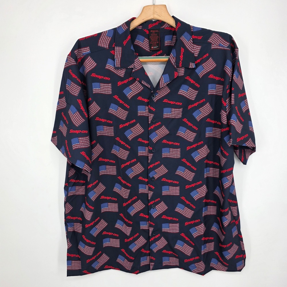 Snap-on Tools American Flag Wrench Print Button Up Shirt Navy Blue Mens 2XL